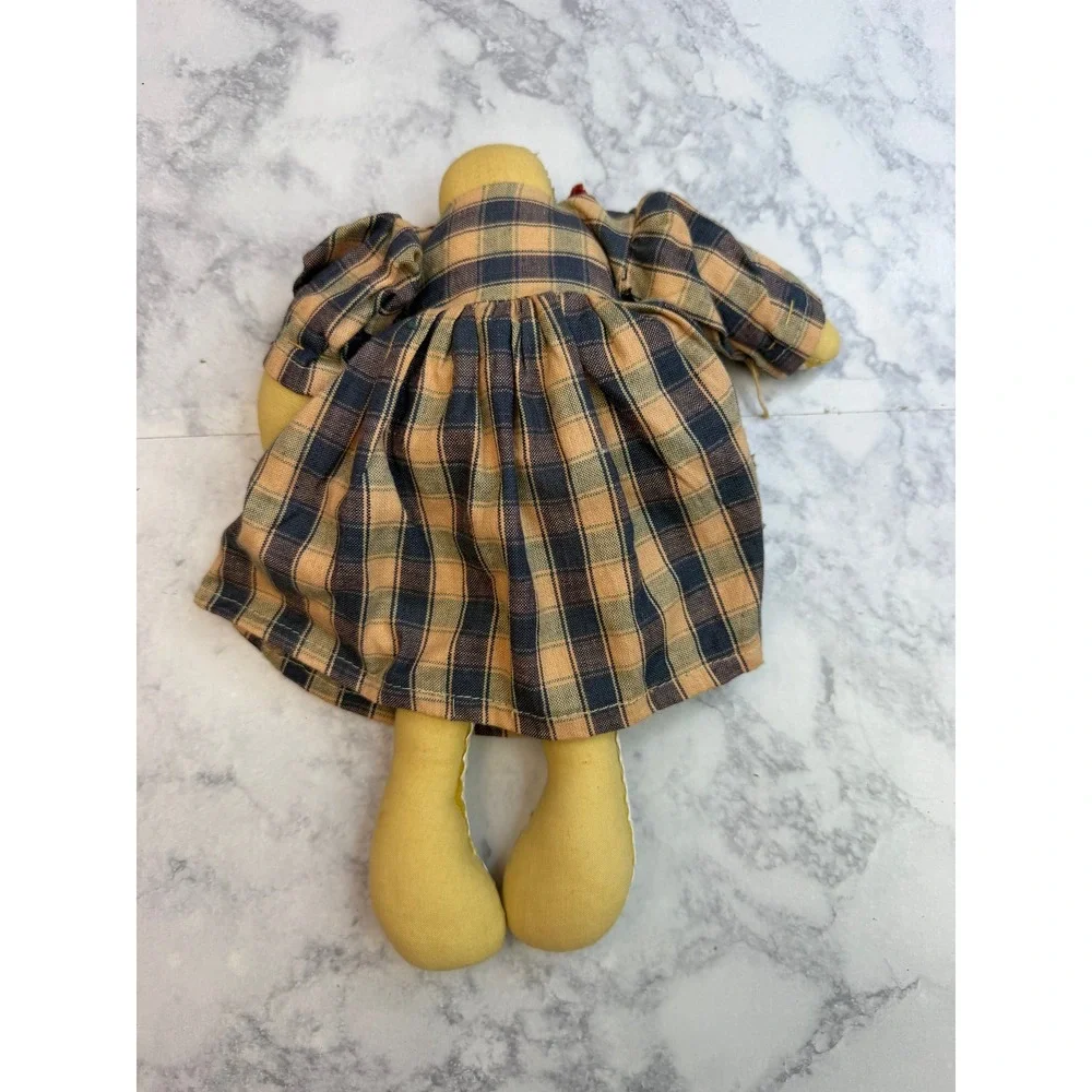 Primitive Cloth Doll Shelf Sitter Plaid Dress Country Farmhouse Folk Art 10in